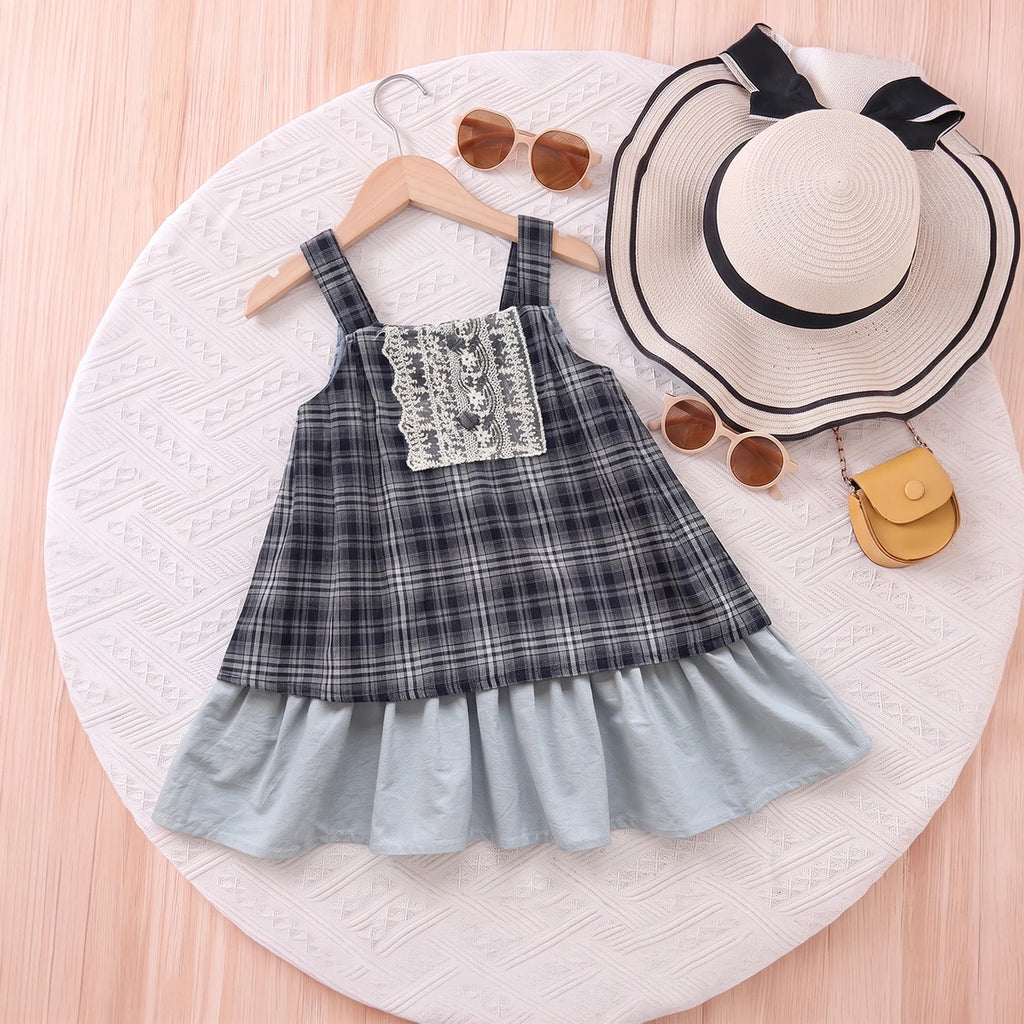 Girls Light Blue Sleeveless Checked A-line Dress Casual Dresses Light Blue 1-2 Y