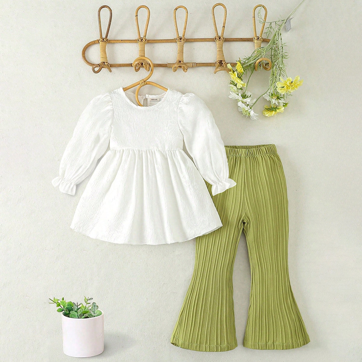 Girls White Self Designed Long Sleeves Top With Pants Set 2 pc. Sets