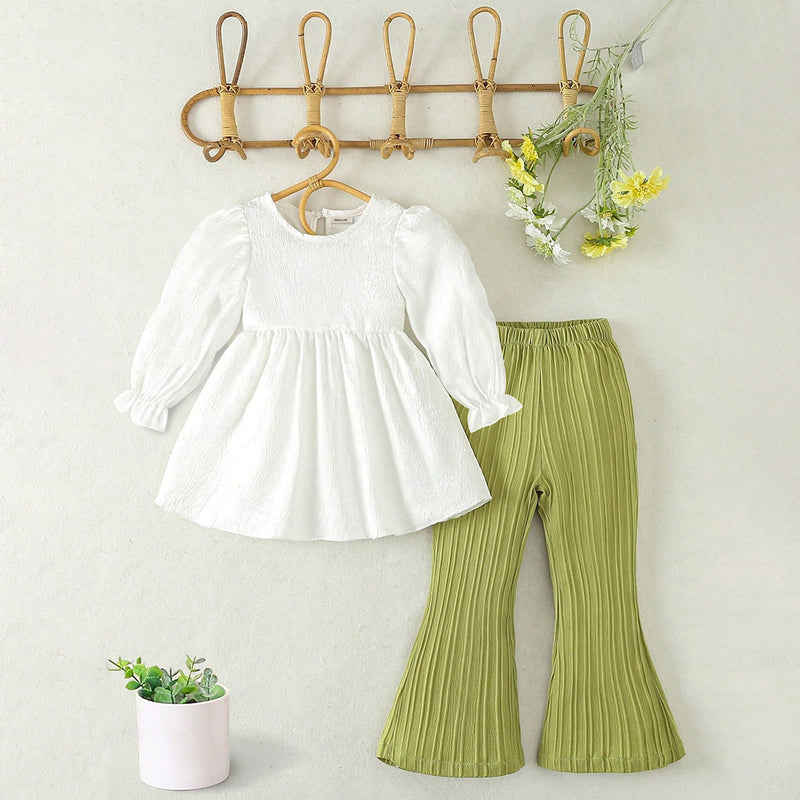 Girls White Self Designed Long Sleeves Top With Pants Set 2 pc. Sets