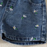 Girls Pink Embellished Top With Floral Embroidered Denim Shorts Set Sets