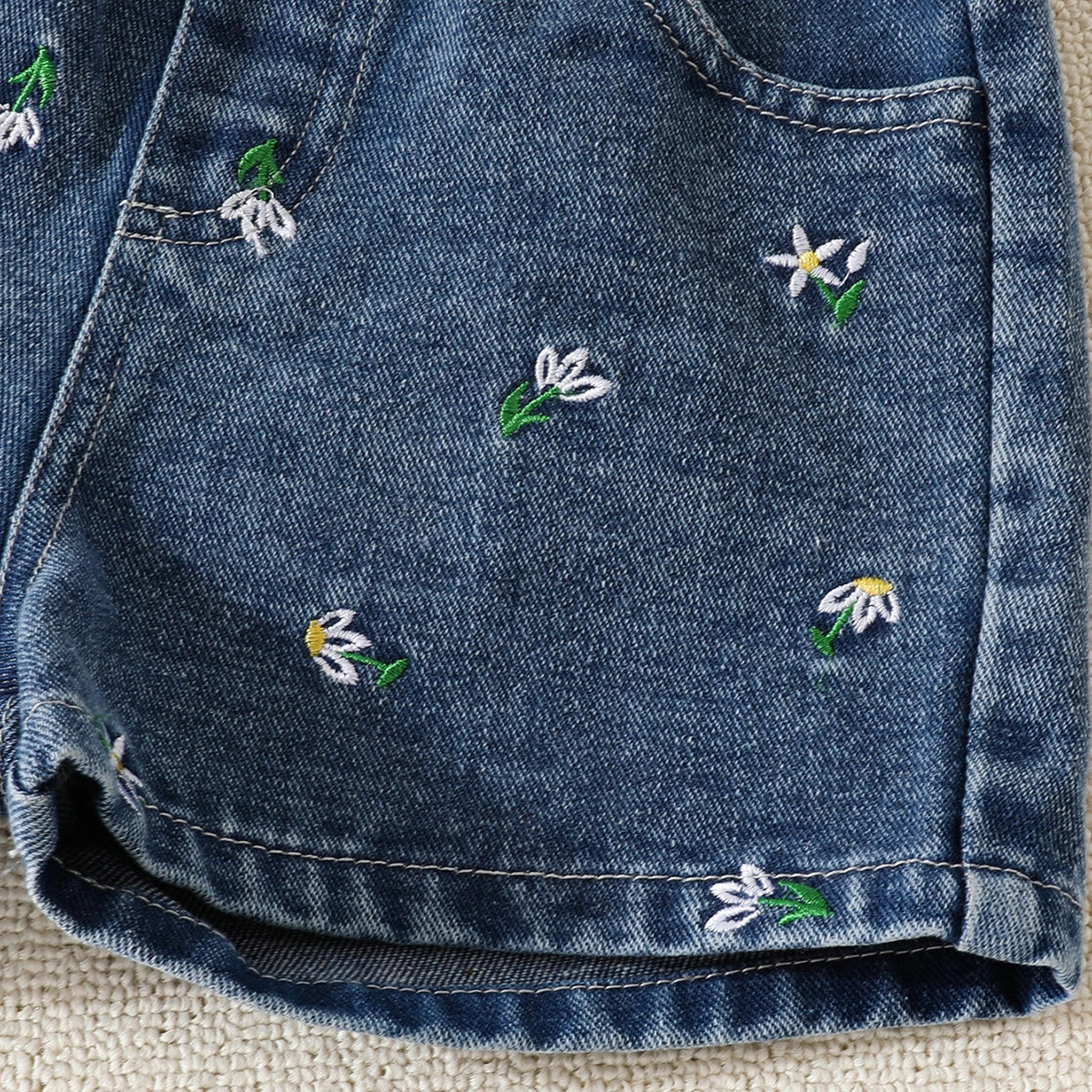 Girls Pink Embellished Top With Floral Embroidered Denim Shorts Set Sets