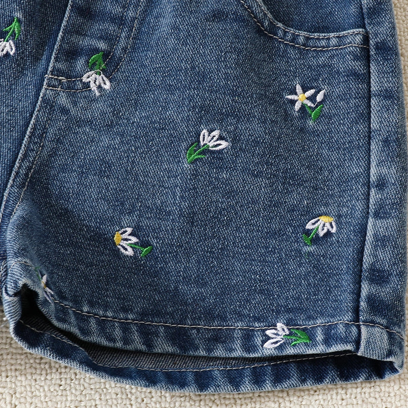 Girls Pink Embellished Top With Floral Embroidered Denim Shorts Set Sets