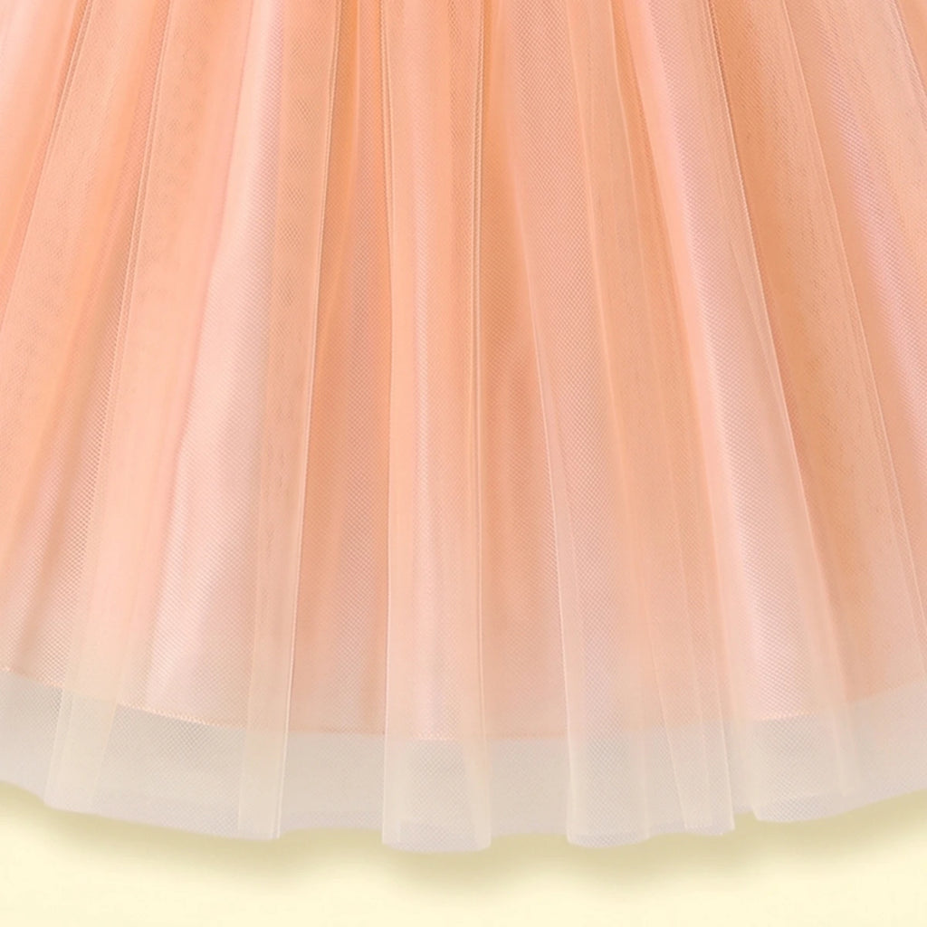 Girls peach sleeveless party gown with floral waist and tulle