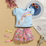 Girls Sky Blue Unicorn Printed T-Shirt With Printed Shorts Sets