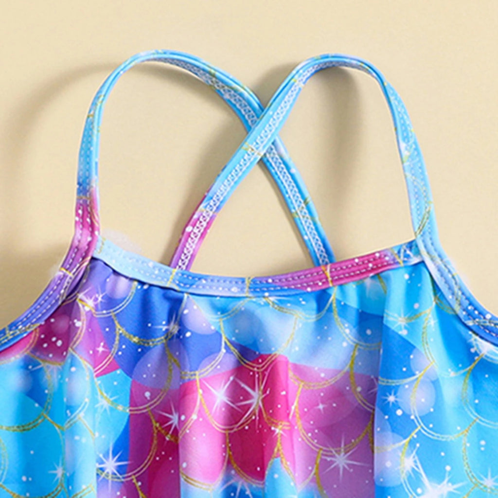 Girls Blue Abstract Printed top With Briefs Swimwear Sets Sets