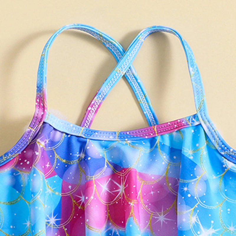 Girls Blue Abstract Printed top With Briefs Swimwear Sets Sets