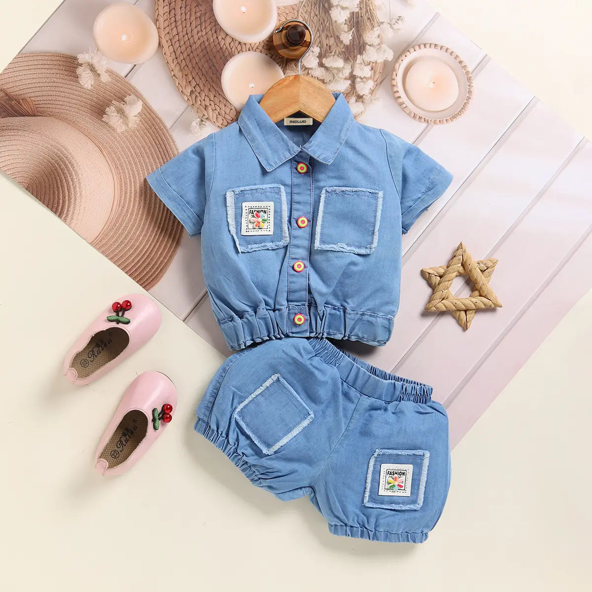 Boys Light Blue Applique Denim Shirt With Elasticated Shorts Sets 2 pc. Sets Light Blue 9-12 M