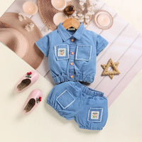 Boys Light Blue Applique Denim Shirt With Elasticated Shorts Sets 2 pc. Sets Light Blue 9-12 M