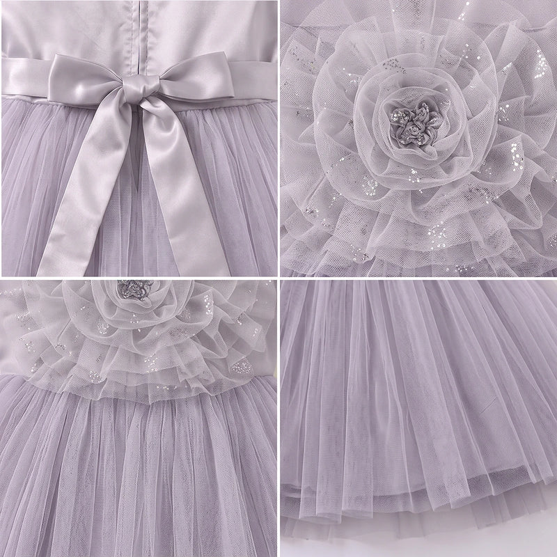 Girls Grey Floral Applique Fit & Flare Party Dress Party Dresses