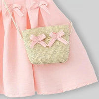 Girls Pink Pleated A-Line Dress With Sling Bag Casual Dresses