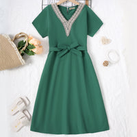 Girls Green Short Sleeves Lace V-Neck Dress Casual Dresses Green 7-8 Y