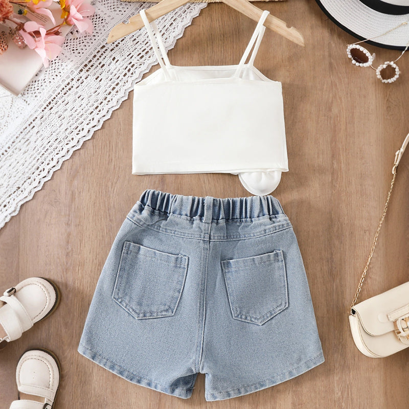 Girls White 3d Flowers Applique Crop Top With Denim Skorts Set Sets
