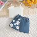 Girls White Sleeveless Crop Top With Floral Printed Denim Shorts Set Sets White 2-3 Y