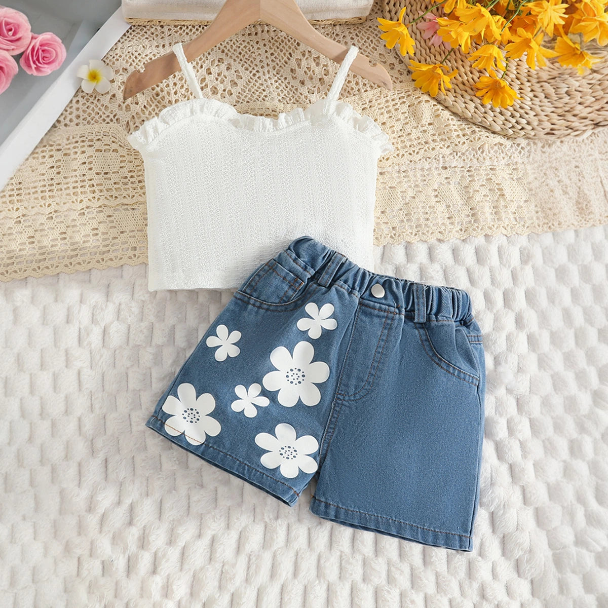 Girls White Sleeveless Crop Top With Floral Printed Denim Shorts Set Sets White 2-3 Y