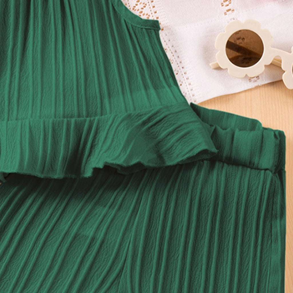 Girls Dark Green Textured Halter Top With Shorts Co-ord Sets Sets
