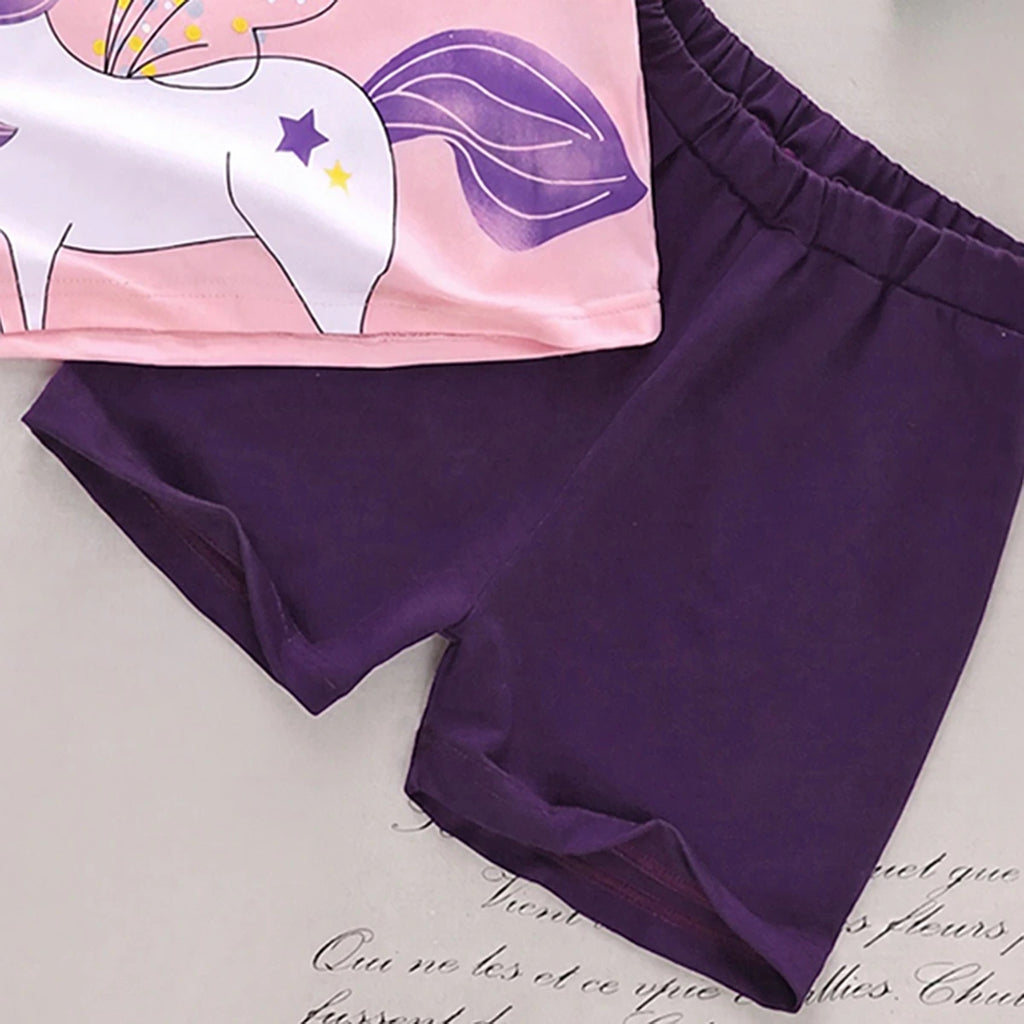 Girls Light Pink Unicorn Print Short Sleeve T-Shirt With Shorts Sets 2 pc. Sets