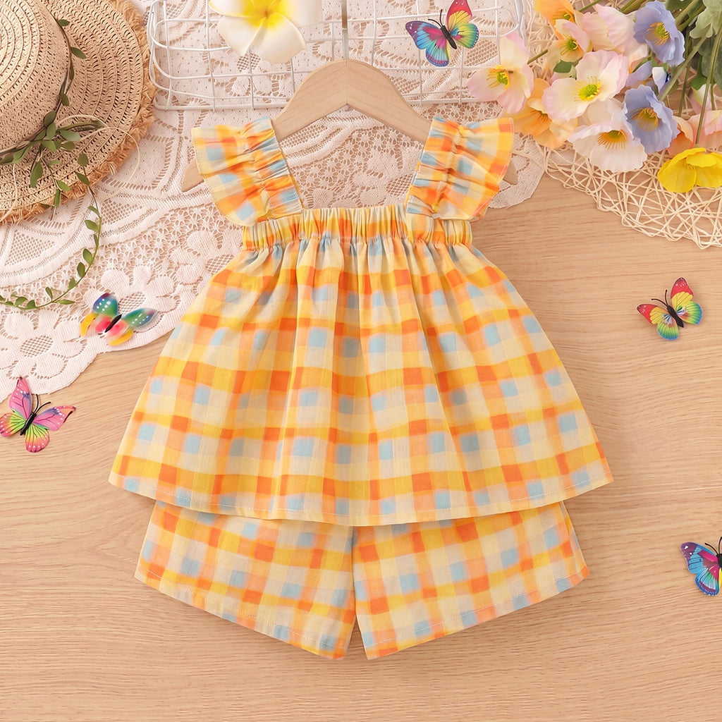 Girls Multicolor Checked Bow Applique Top With Shorts Sets 2 pc. Sets