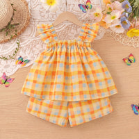 Girls Multicolor Checked Bow Applique Top With Shorts Sets 2 pc. Sets
