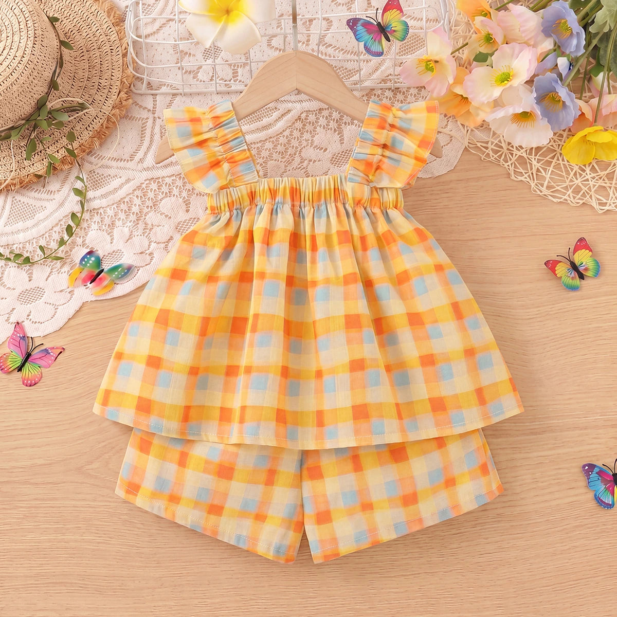 Girls Multicolor Checked Bow Applique Top With Shorts Sets 2 pc. Sets