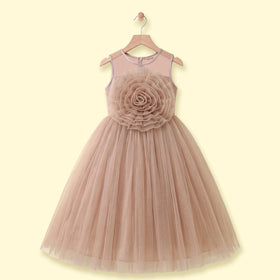 Girls Light Brown Floral Applique Sleeveless Party Gown Party Dresses Light Brown 1-2 Y