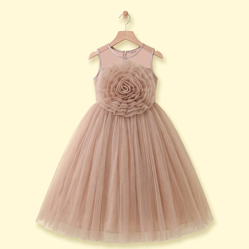Girls Light Brown Floral Applique Sleeveless Party Gown Party Dresses Light Brown 1-2 Y
