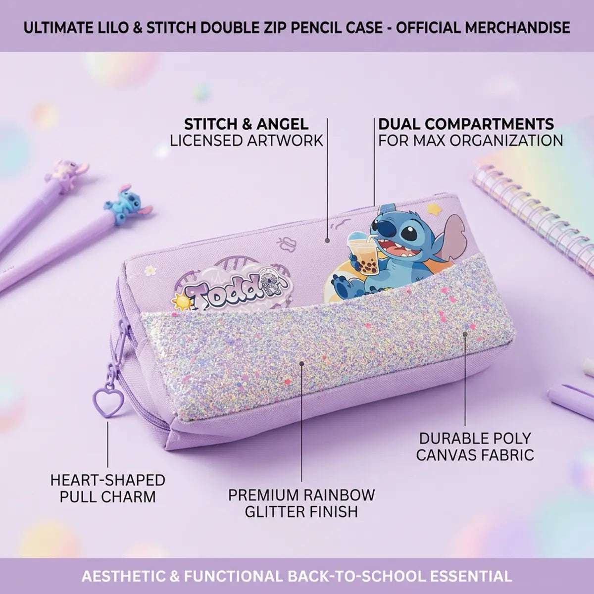 Girls Lavender Zipper Pencil Pouch with Glitter Finish Trending Accessories