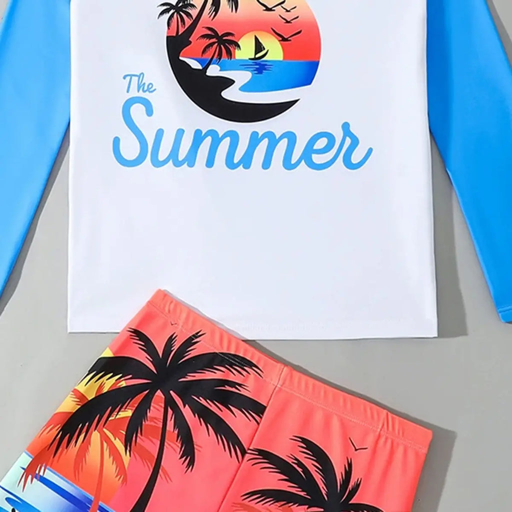 Boys Light Blue Tropical Printed Long Sleeves T-Shirt & Shorts Swimsuit Sets Sets