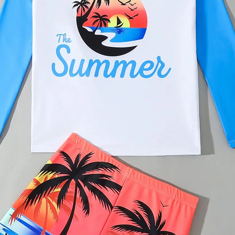 Boys Light Blue Tropical Printed Long Sleeves T-Shirt & Shorts Swimsuit Sets Sets