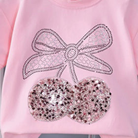 Girls Pink Cherry Embellished T-Shirt With Pleated Denim Shorts Set Sets