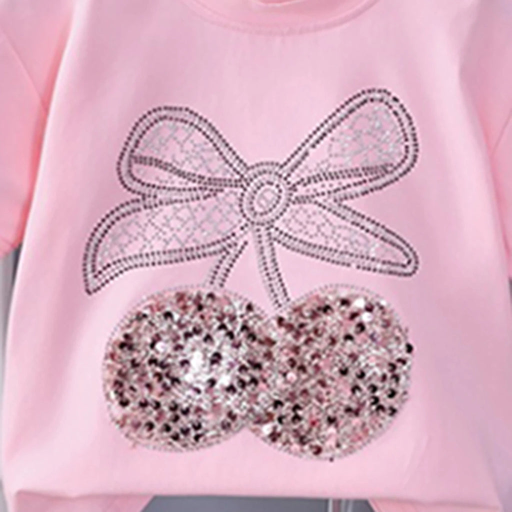 Girls Pink Cherry Embellished T-Shirt With Pleated Denim Shorts Set Sets