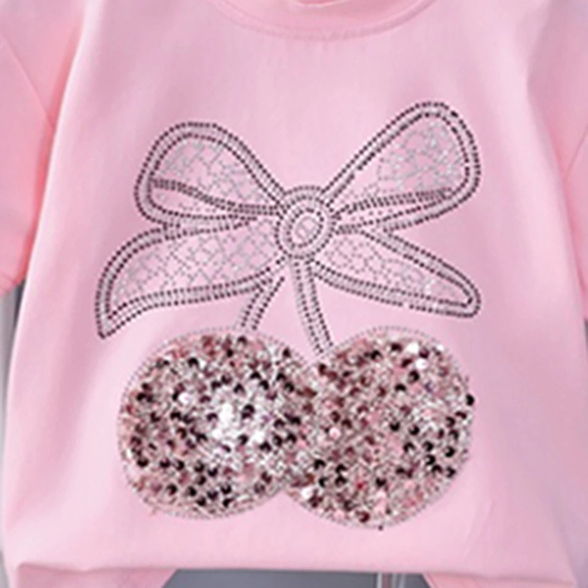Girls Pink Cherry Embellished T-Shirt With Pleated Denim Shorts Set Sets