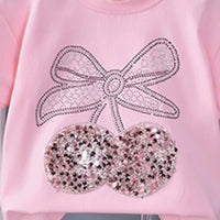 Girls Pink Cherry Embellished T-Shirt With Pleated Denim Shorts Set Sets