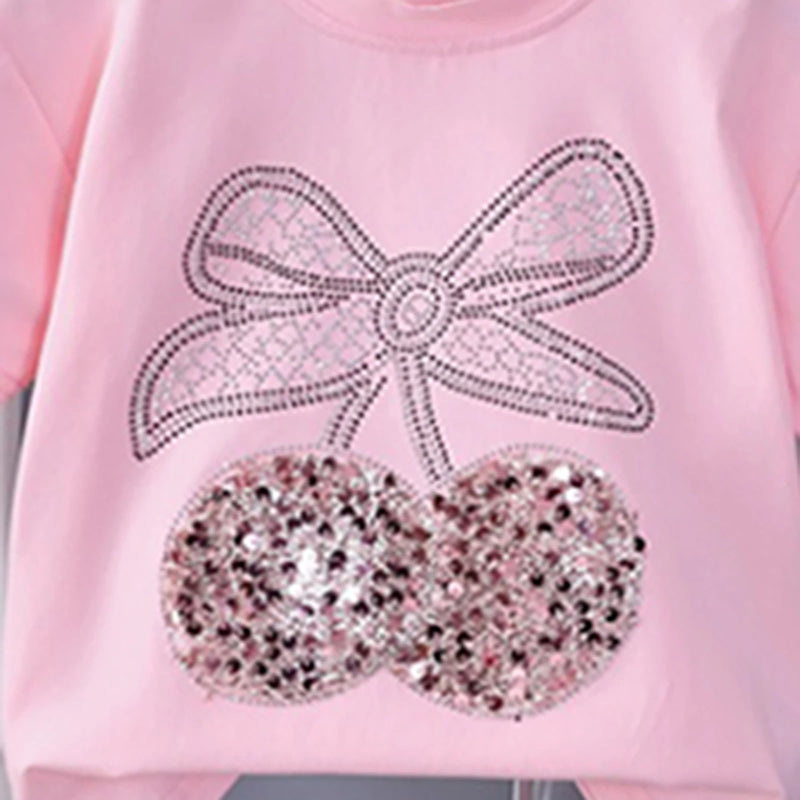Girls Pink Cherry Embellished T-Shirt With Pleated Denim Shorts Set Sets