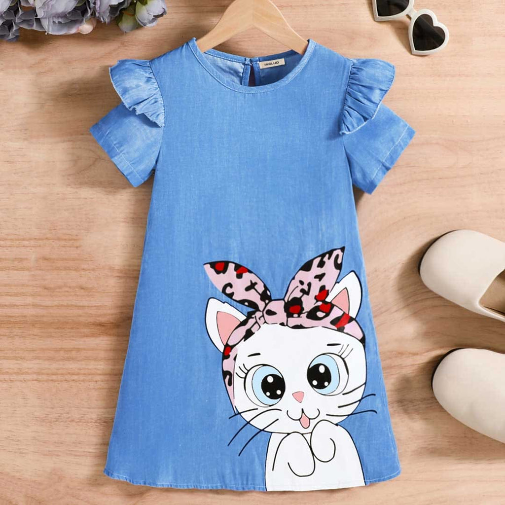 Girls Short Sleeve Cat Graphic A-Line Dress
