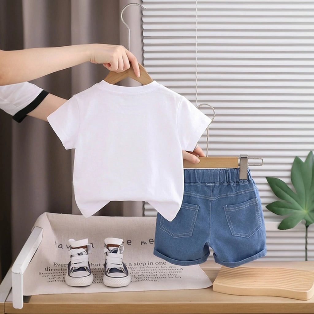 Boys White Bunny Short Sleeve T-Shirt With Elasticated Denim Shorts Sets 2 pc. Sets