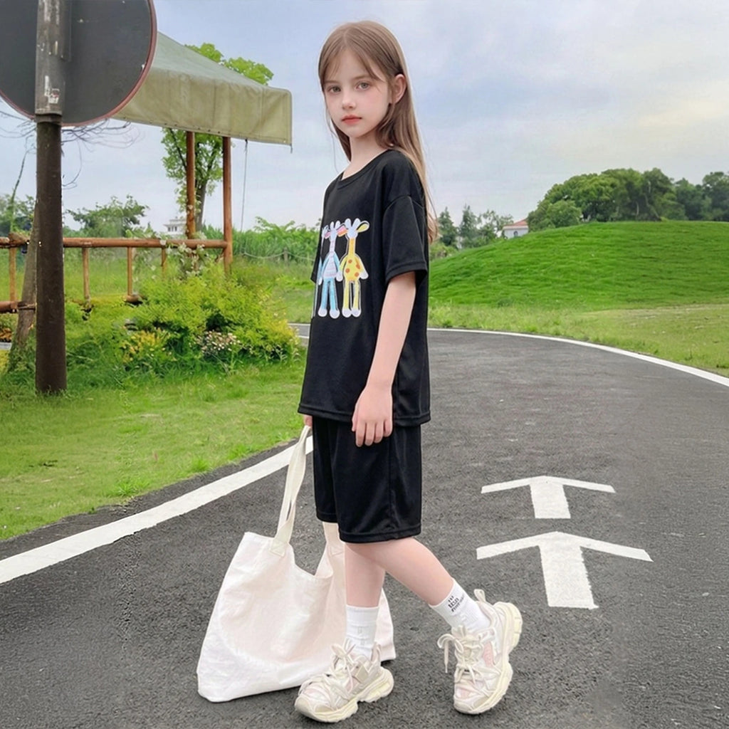 Girls Black Animal Graphic Short Sleeve T-shirts With Elasticated Shorts Sets Sets