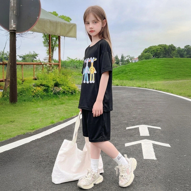 Girls Black Animal Graphic Short Sleeve T-shirts With Elasticated Shorts Sets Sets