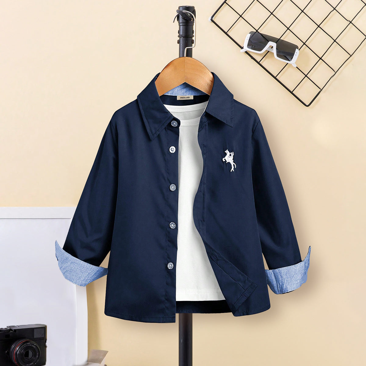 Boys Navy Blue Long Sleeves Contrast Inner Cuffs Shirt Shirts Navy Blue 3-4 Y