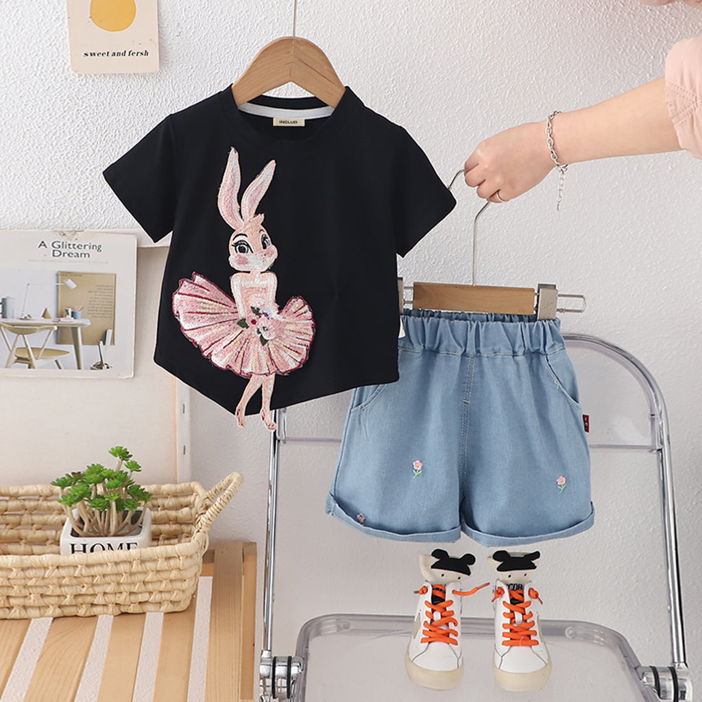 Girls Black Rabbit Appliqued T-Shirt With Denim Shorts Set 2 pc. Sets Black 1-2 Y