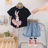 Girls Black Rabbit Appliqued T-Shirt With Denim Shorts Set