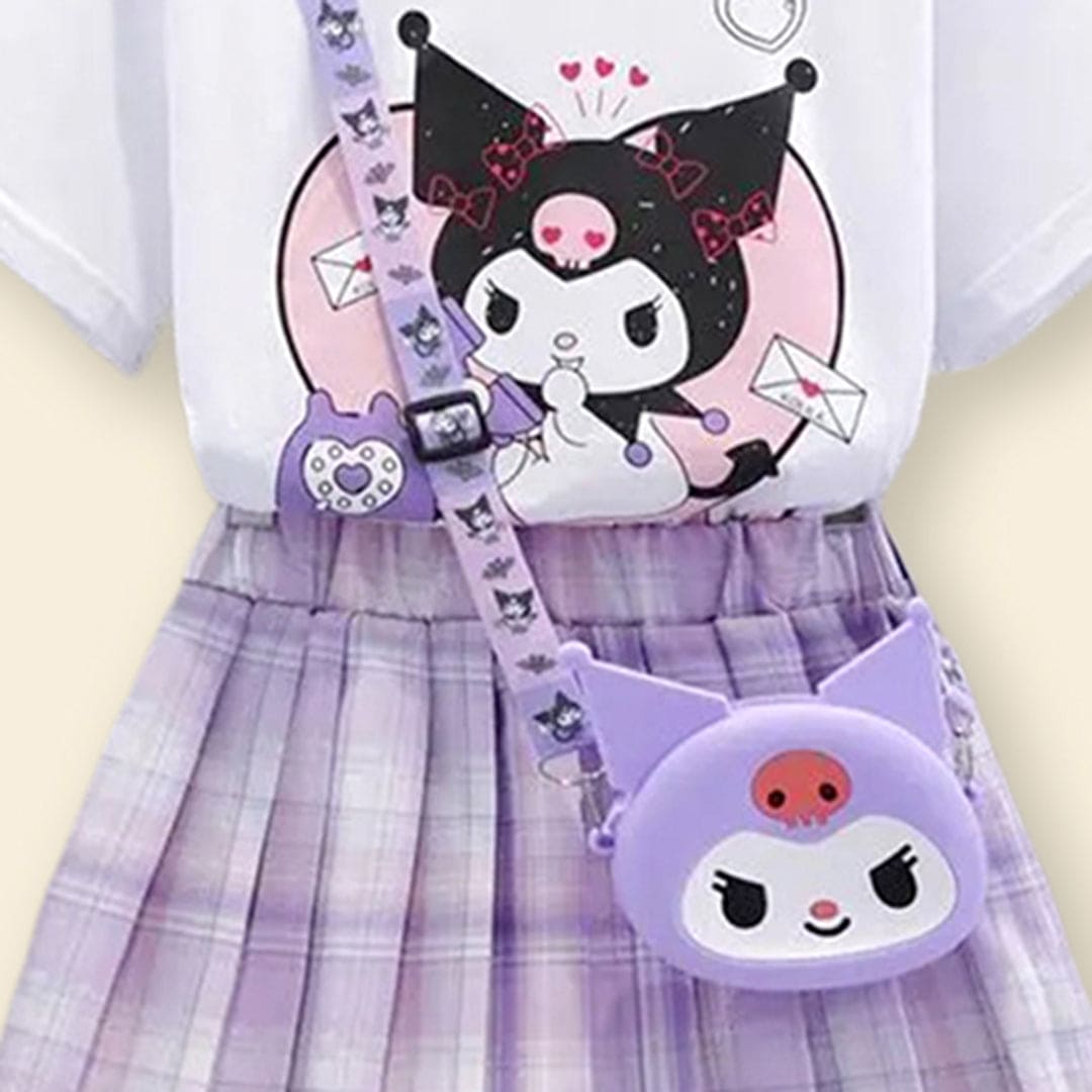 Girls Printed T-Shirt With Checkered Print Skirt Sets   
