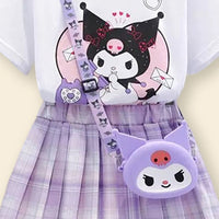 Girls Printed T-Shirt With Checkered Print Skirt Sets   