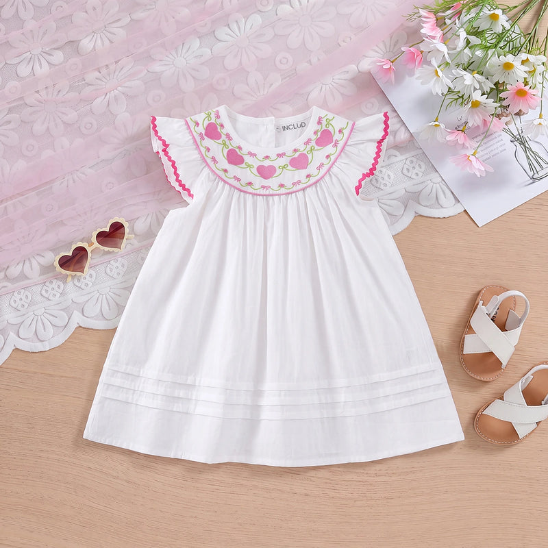 Girls White Embroidered Flutter Sleeve Dress Casual Dresses White 1-2 Y