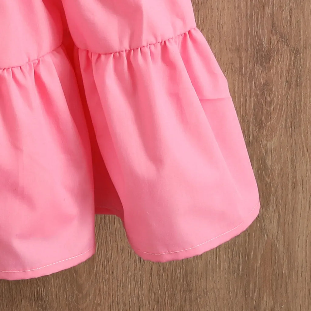 Girls Pink Embellished Puff Sleeve Tiered Dress Casual Dresses