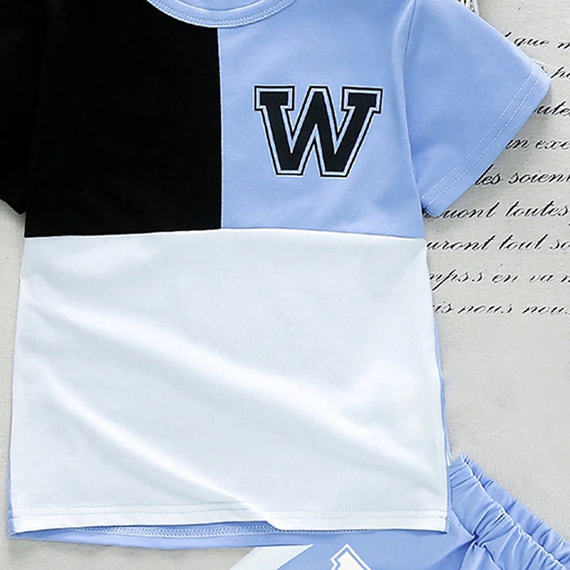 Boys Light Blue Colourblocked Short Sleeve T-Shirt With Shorts Sets 2 pc. Sets