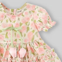 Girls Pink Floral Print Fit & Flare Dress With Puff Sleeves Casual Dresses