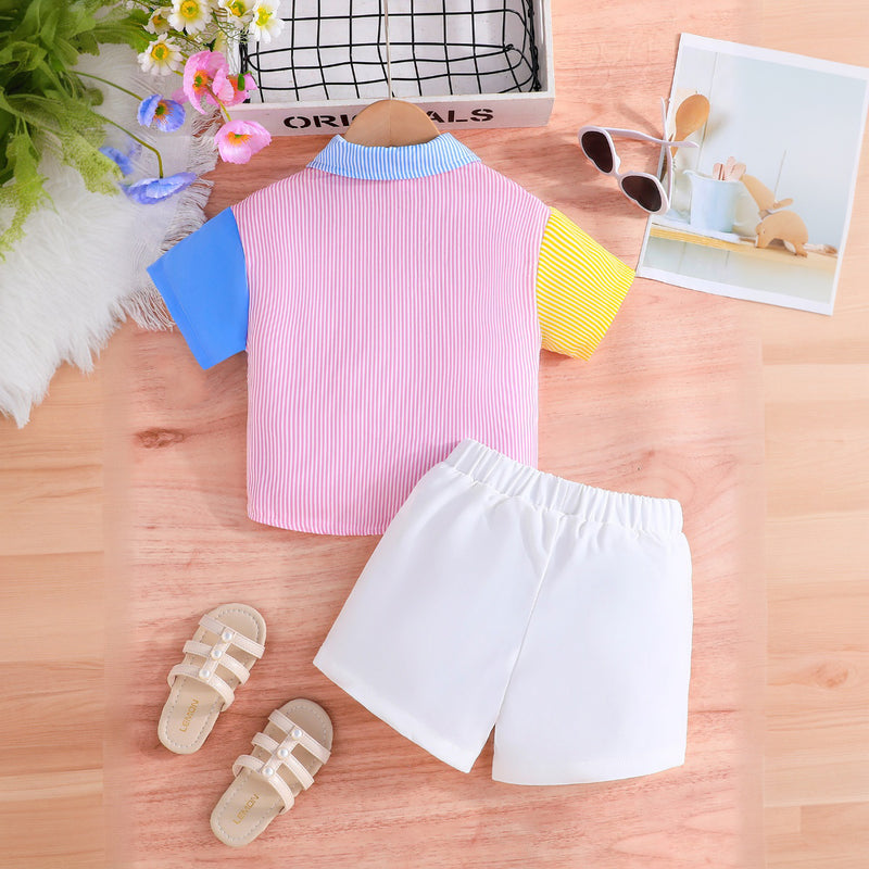 Girls Striped Colorblocked Shirt with Shorts Set Sets