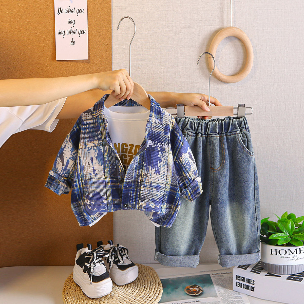 Boys Blue Checked Shirt With T-Shirt & Denim Pants Set Sets Blue 1-2 Y