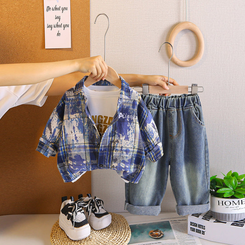 Boys Blue Checked Shirt With T-Shirt & Denim Pants Set Sets Blue 1-2 Y