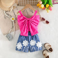 Girls Fuchsia Bow Crop Top With Floral Embroidered Denim Shorts Sets Sets Fuchsia 2-3 Y
